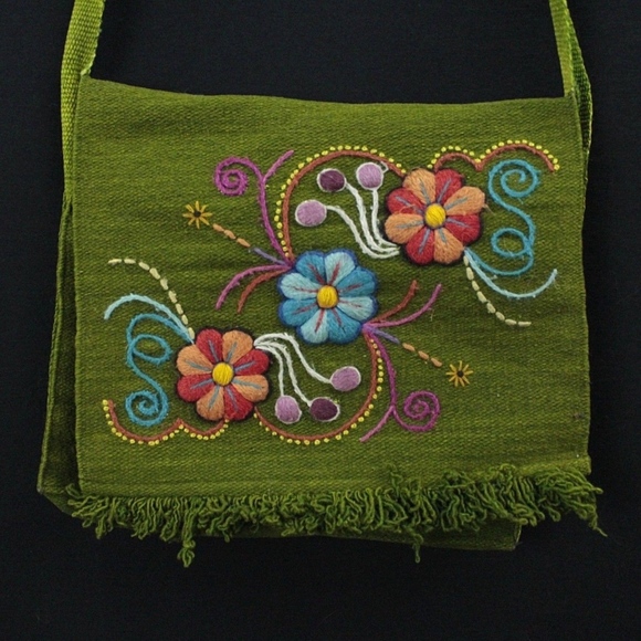 Vintage Green Floral Embroidered Hippie Boho Bag - Picture 1 of 8